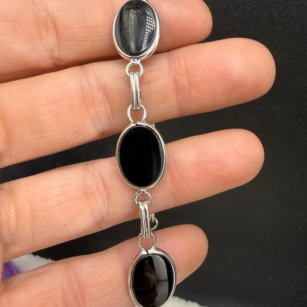 Vintage Sterling Silver Link Bracelet Signed LF Black Polished Stone  7